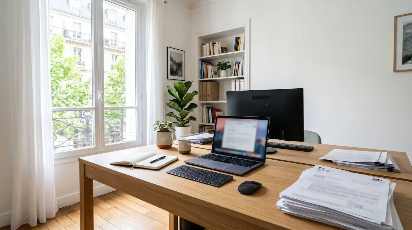 Vue en plongée sur un bureau moderne avec des documents administratifs français entièrement floutés disposés côte à côte, lumière naturelle douce venant d'une fenêtre latérale