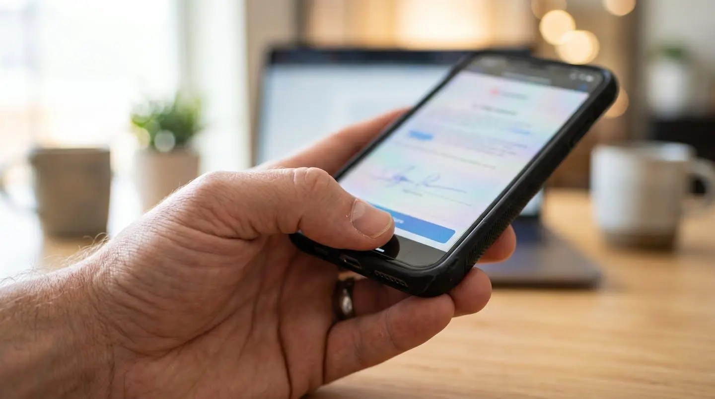 Gros plan sur une main tenant un smartphone avec une interface de signature électronique bancaire totalement floutée, arrière-plan moderne élégant avec bokeh doux