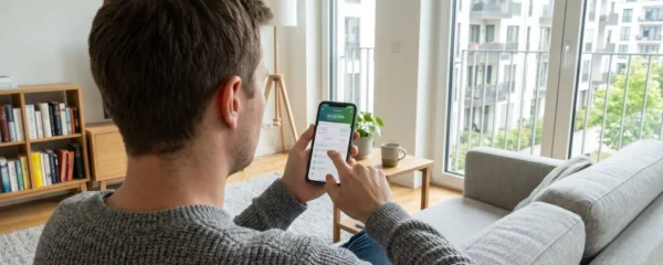 Une personne vue de dos consulte une application bancaire sur son smartphone, assise confortablement sur un canapé moderne dans un salon lumineux