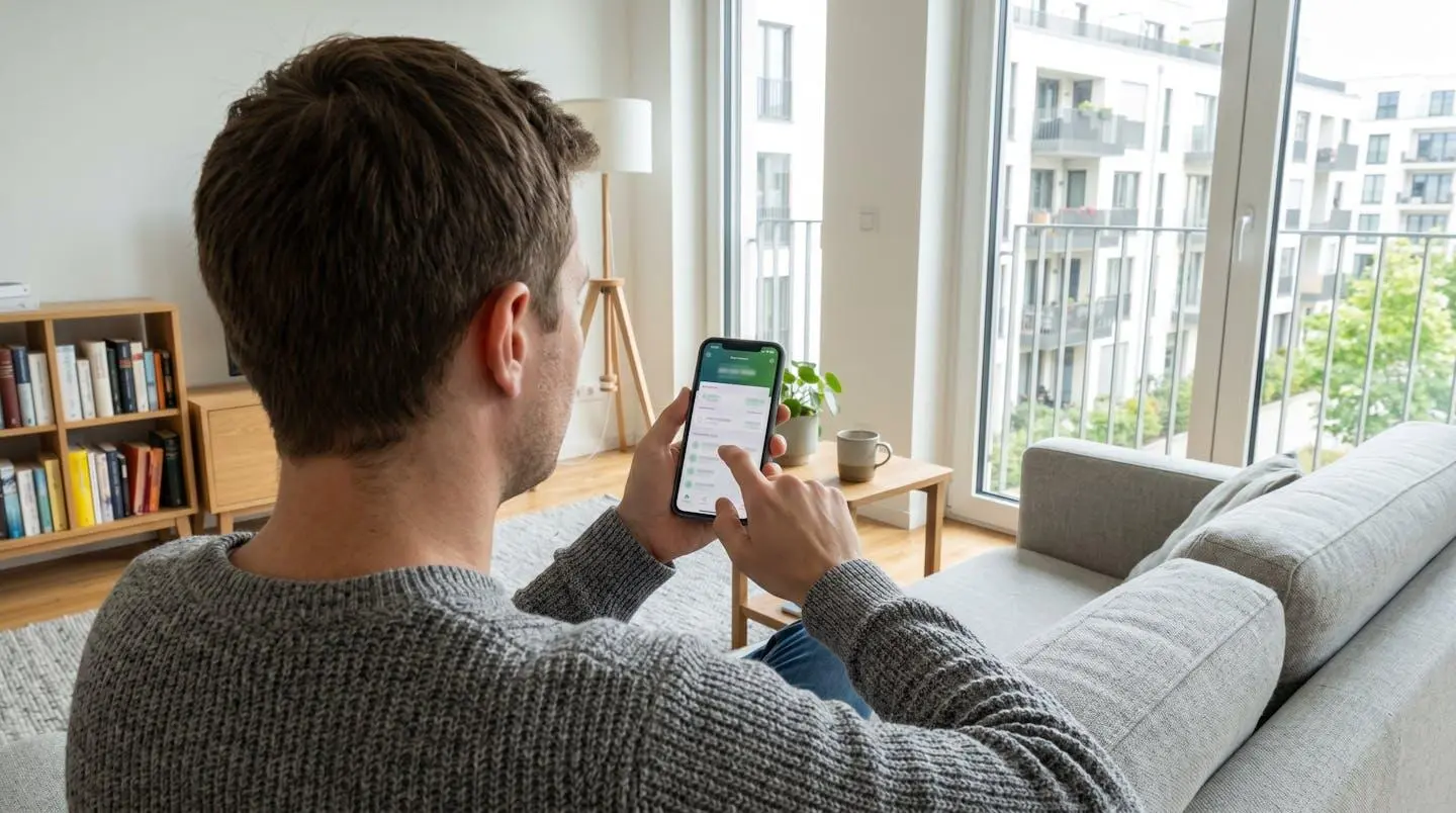 Une personne vue de dos consulte une application bancaire sur son smartphone, assise confortablement sur un canapé moderne dans un salon lumineux