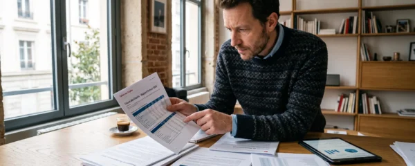 Personne debout consultant et comparant des rapports de transparence bancaire et documents officiels sur un bureau en bois