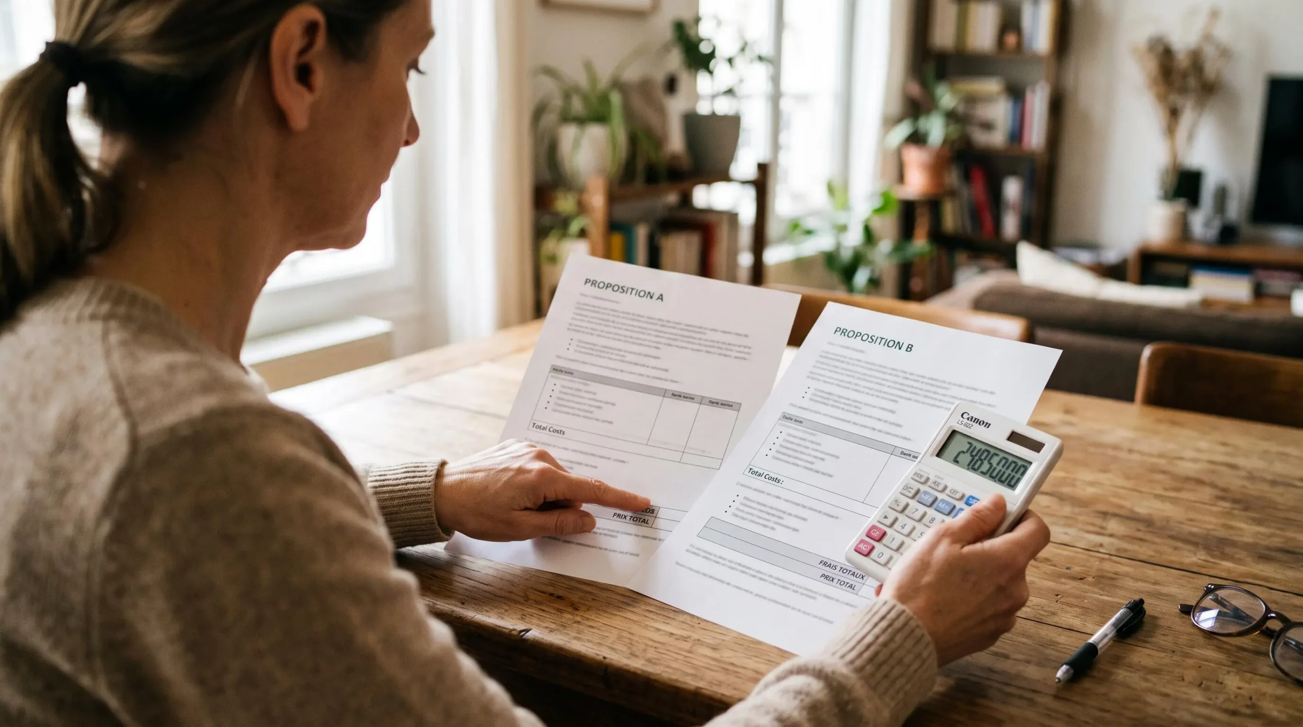Personne comparant deux documents de prêt à l'aide d'une calculatrice